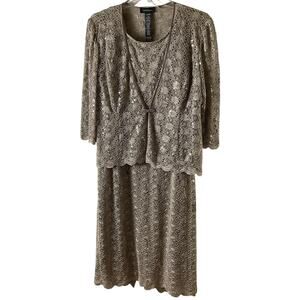 R&M Richards Dress Womens 18 Gold Lace Sequin 2 Piece Jacket Overlay Formal Set